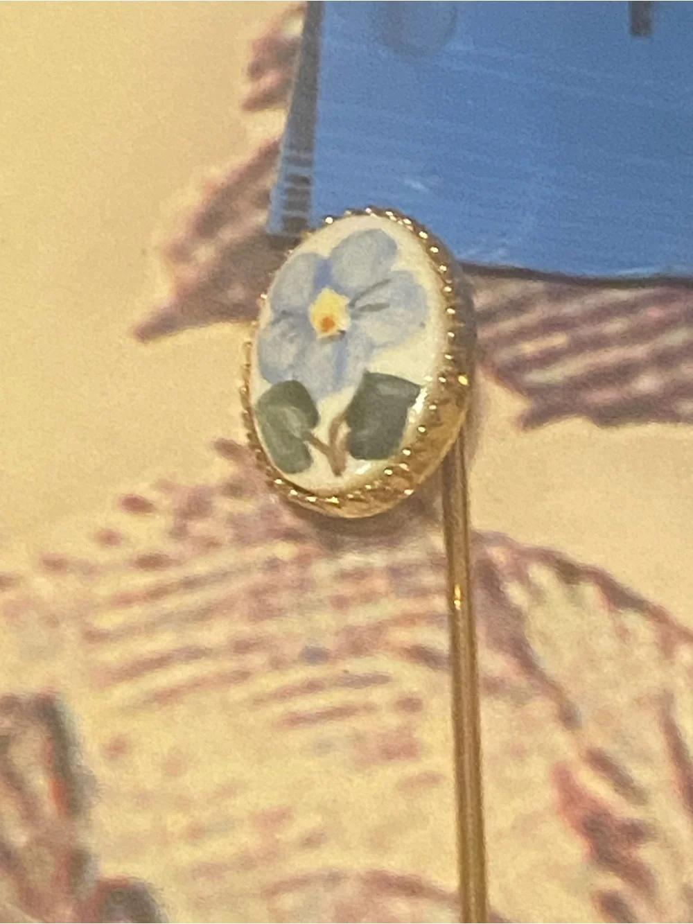 Vintage Porcelain Floral Stick Pin Set • Rose Heart & Forget-Me-Not Gold Tone